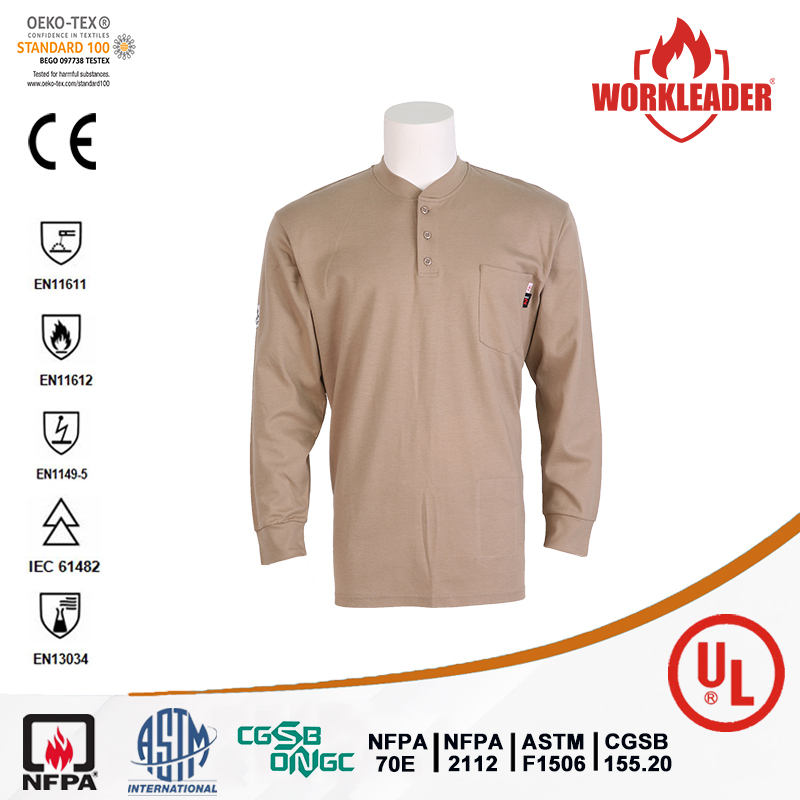 Flame retardant 100%cotton long sleeves khaki knitted henley shirt