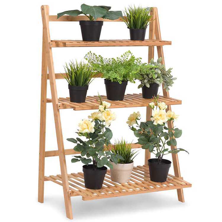 3 Tier Ladder Stands Indoor Outdoor Modern Foldable Hanging Display Racks Bamboo Plant Shelves