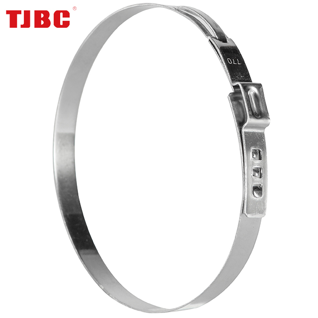 Non-ajustable single ear stepless stainless steel hose clamp