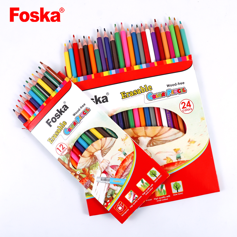 Foska 7.0'' 24 colors Sharpened Natural Plastic Erasable Color Pencils