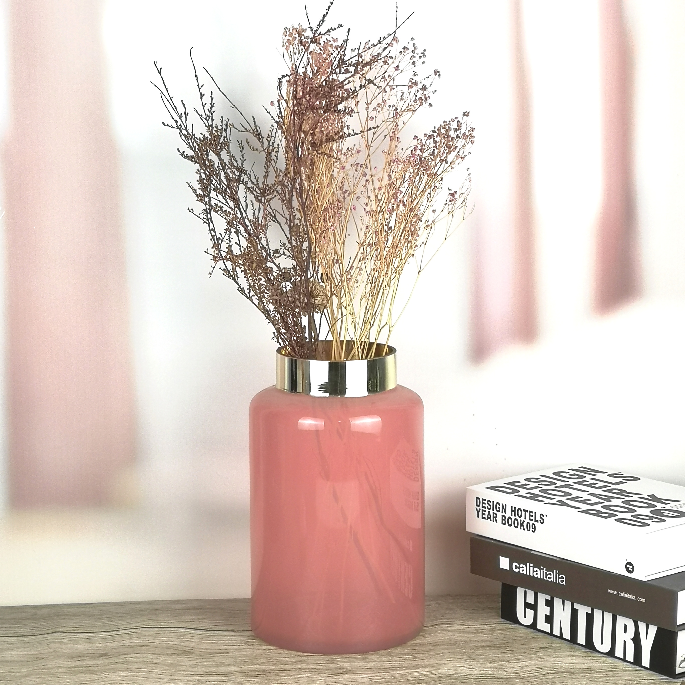 Hot Pink Crystal Glass Vase With Plating Gold Effect