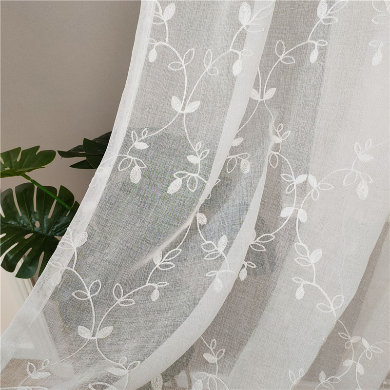 Nordic Style Leaf Embroidery tulle Curtain Dolly Translucent Gauze linen fabrics curtain