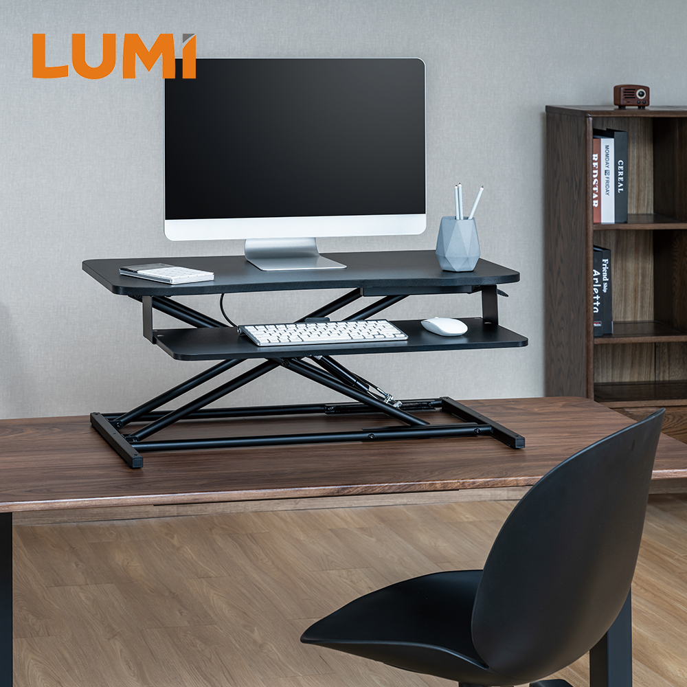 Compact Surface Two-Tier Gas Spring Sit-Stand Desk Converter With Tablet And Phone Slot