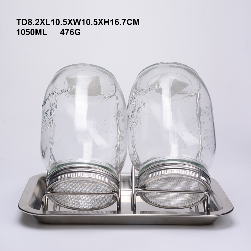 1000ml Complete Mason Jar Sprouting Kit set with Stainless Steel Sprouting Lids, Ceramic Drip Tray