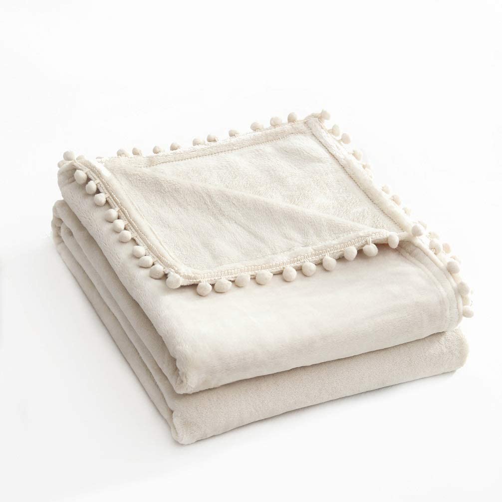 Beige Flannel Throw Blanket with Pompom Fringe