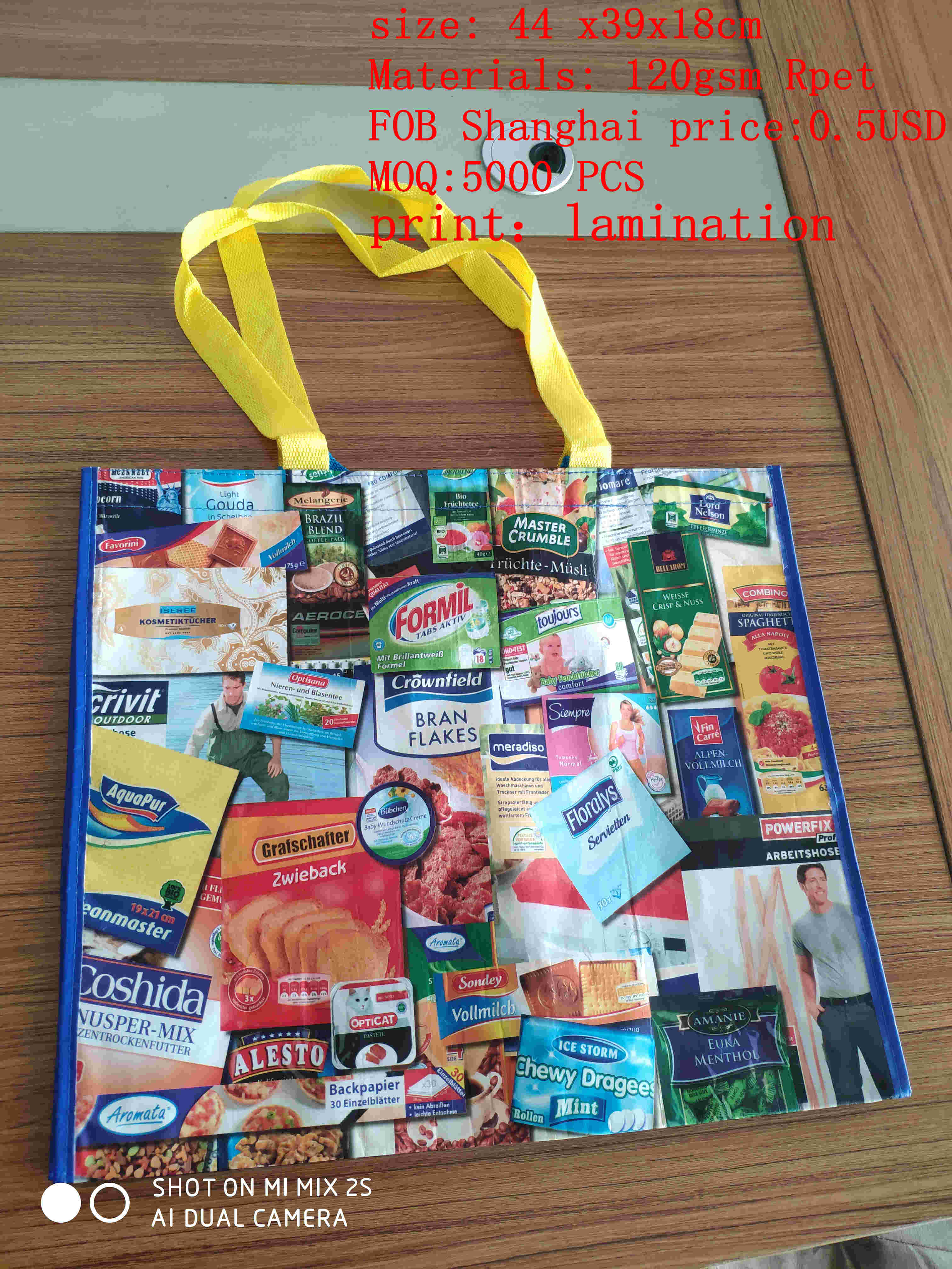 Recycled RPET Water Bottle Laminated RPET Shopping Bag