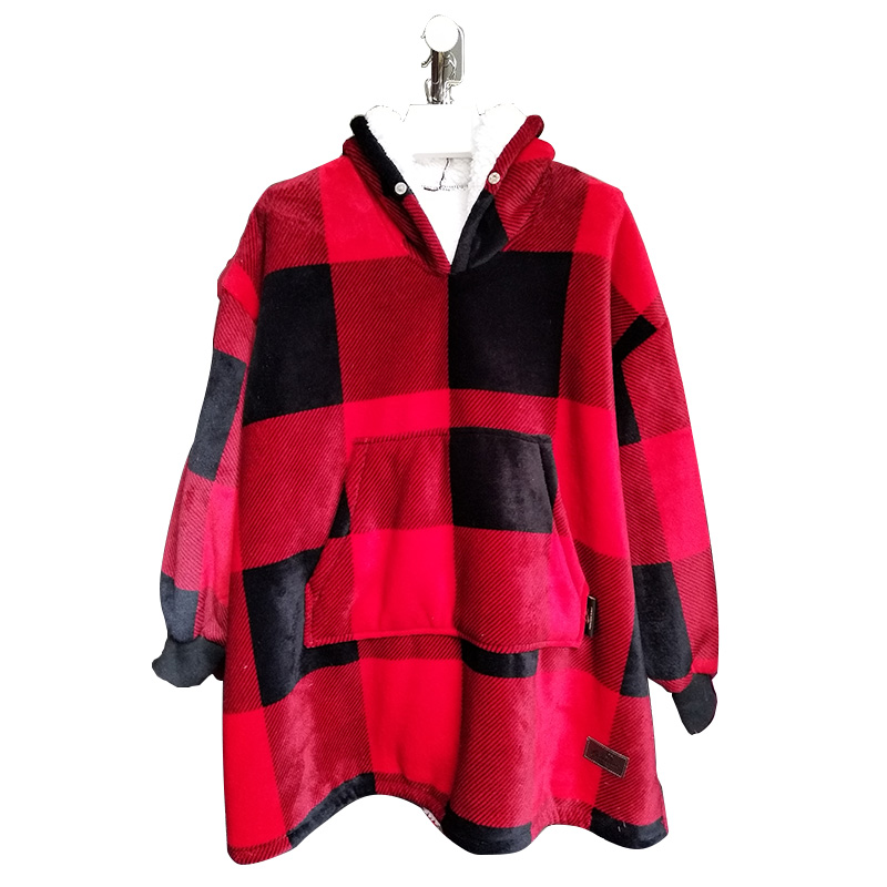 Printed flannel +sherpa blanket with hoodie warn and confirtable both inside and out door