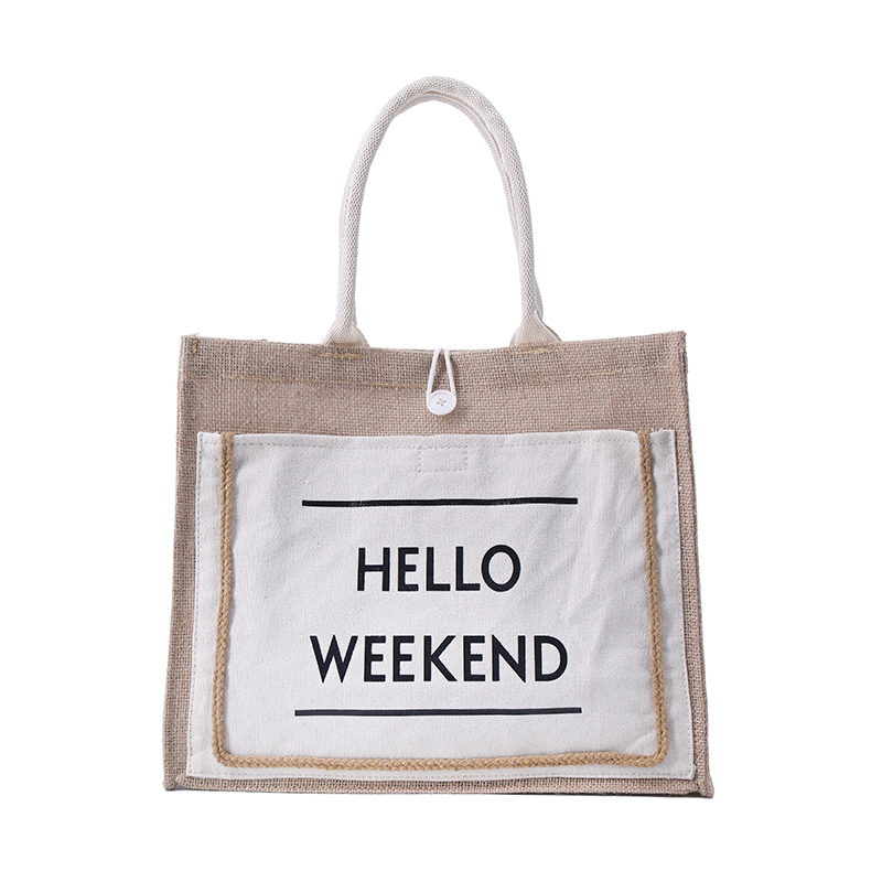 Customized Front Pocket Canvas Natural Jute Tote Bags with Handles Laminated Interior Burlap Tote