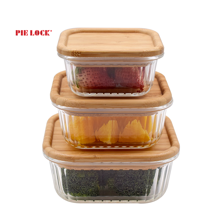 Glass Food Container with Bamboo Lid Rectangular Shape