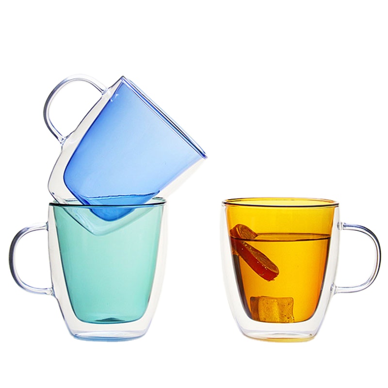 Multi-color high borosilicate double glass coffee cup with handle