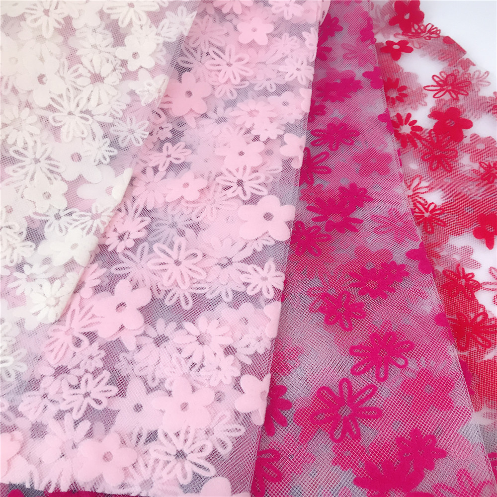Flocking flowers tulle fabric for girl's dress