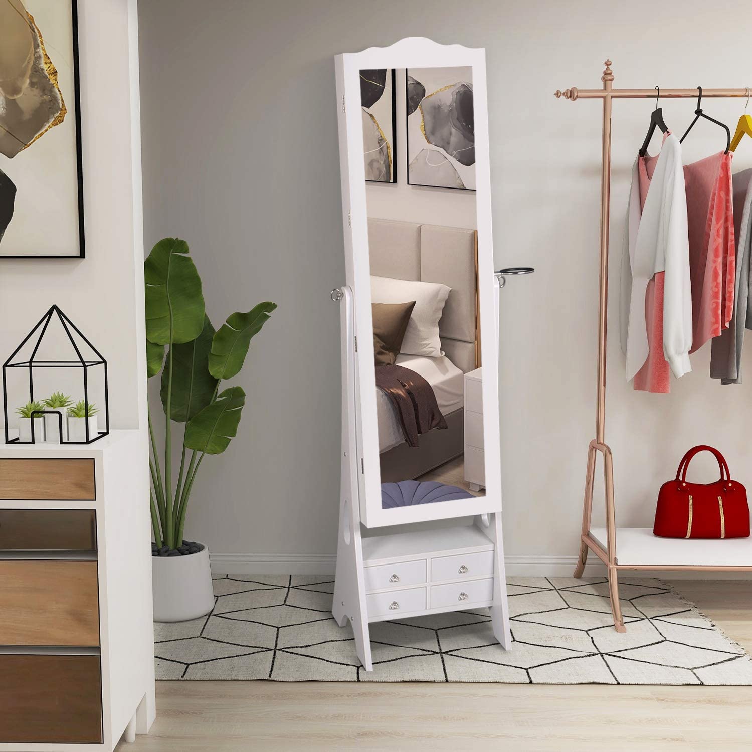 Durable High Quality White With Drawer Floor Mirror Jewelry Cabinet