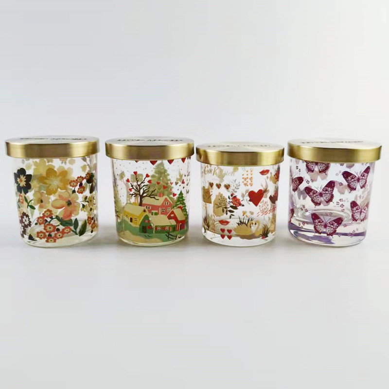 Flower Pattern Series Glass Candle Holder with Metal Lid