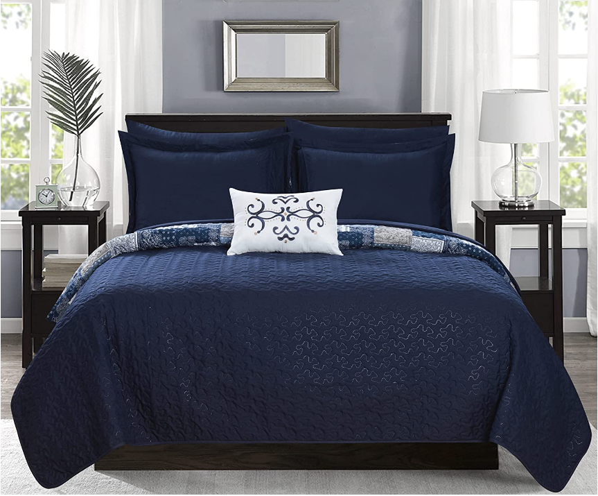 3 Piece Reversible Coverlet Set Embossed Patchwork Bohemian Paisley Print Quilted Design Bedding
