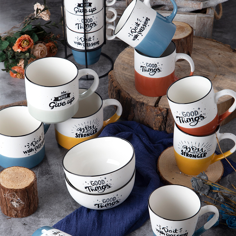 Set2 9oz Stackable Mug New Bone China With Wording Design