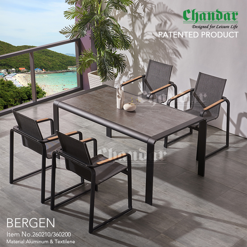Outdoor furniture Bergen Dining Set Garden set in Aluminium Garden furniture with Plywood Arest Dining Table with Ceramic Glass Textilene Dining Chair Mesh Fabric Chair