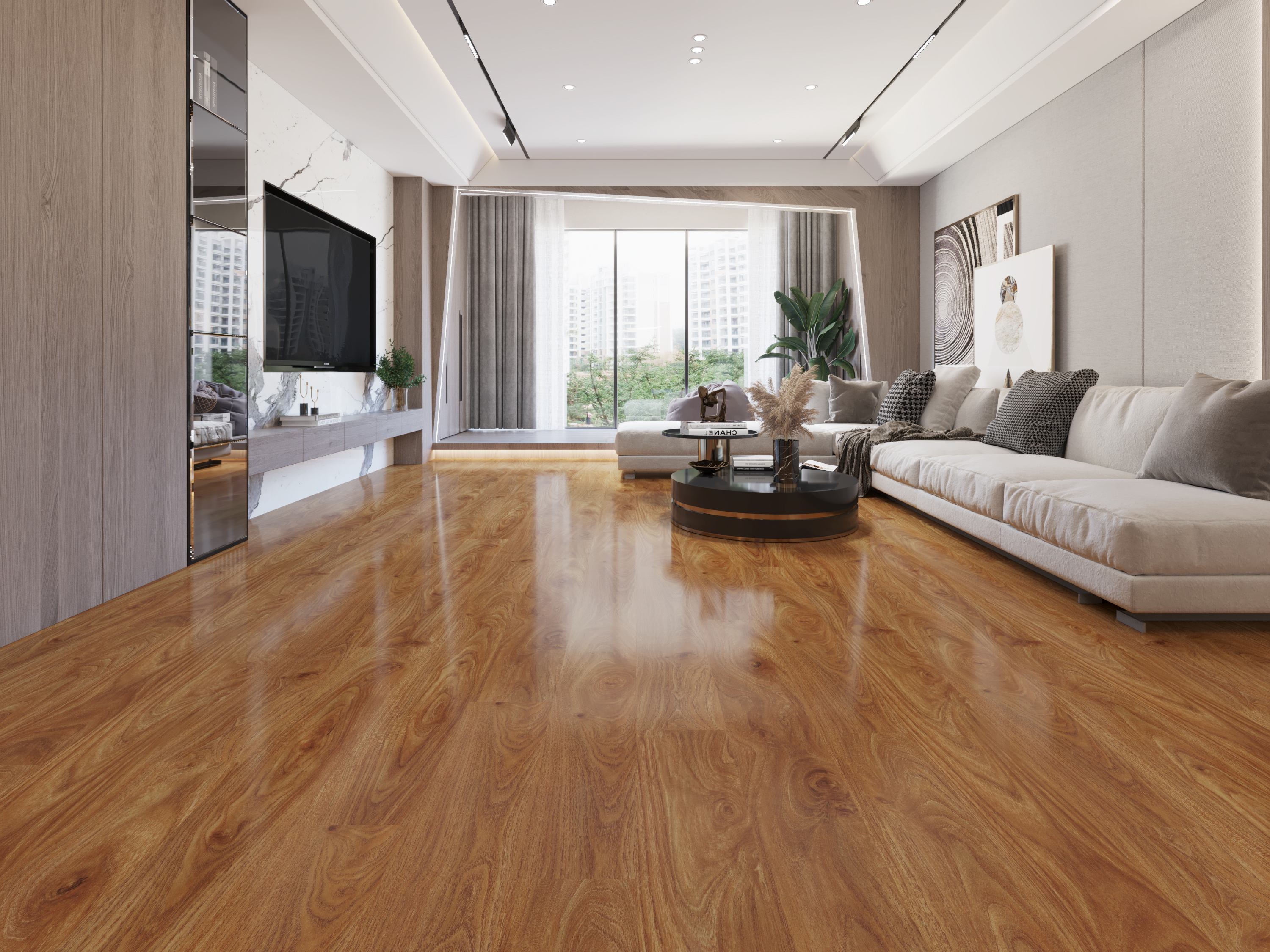 Water resistant, mute plastic plank floor glue down dry back floor