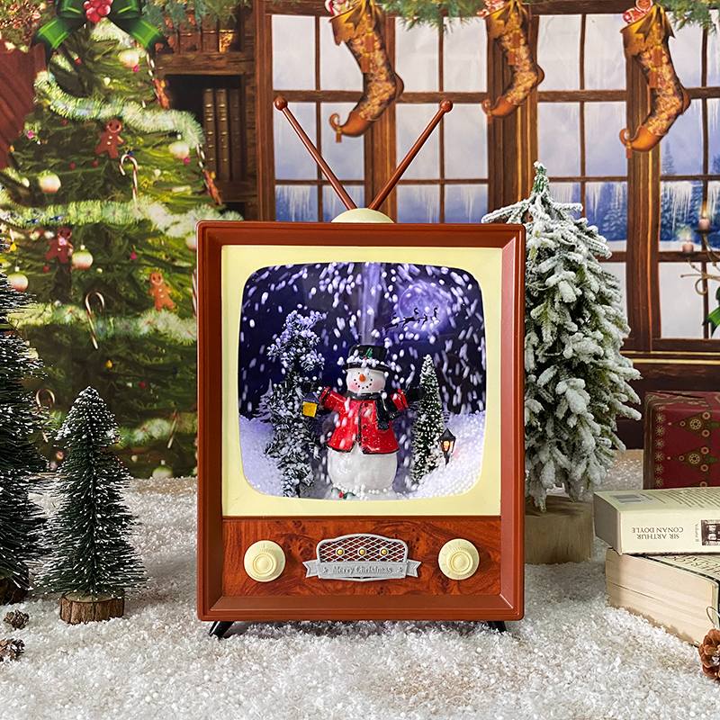 Hot sale custom retro led lighted Christmas mini snow music TV Lantern