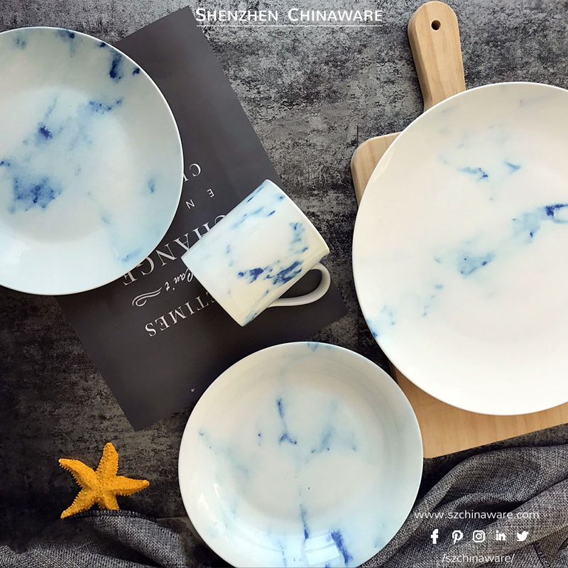Porcelain New Bone China Tableware Blue Marble P177 Tableware SZChinaware Ceramic Marble Dinnerware Set