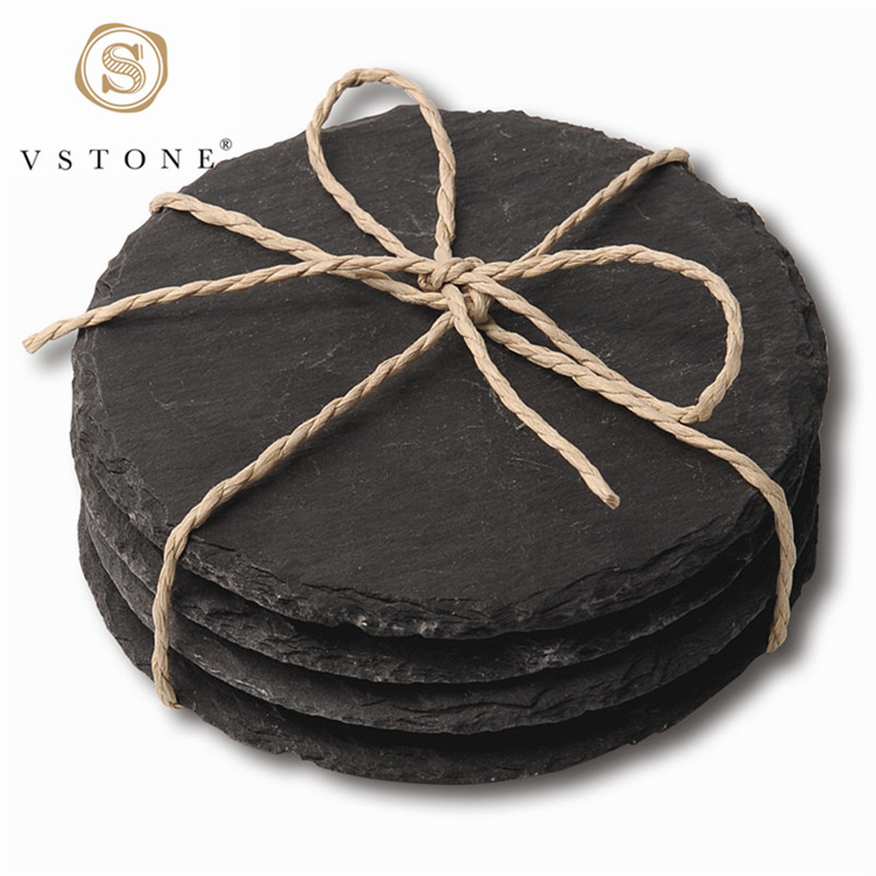 4pk round slate coasters with paper string，marble craft