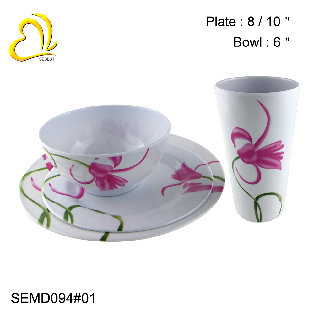Melamine tableware kit pink flowers design