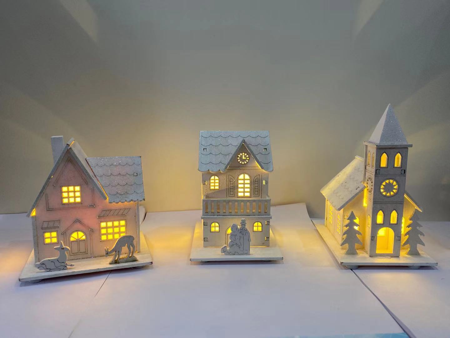 Wooden white Christmas LED tree house handicraft furnishing articles
