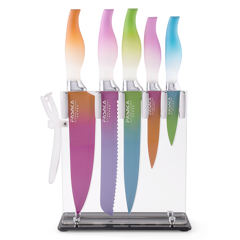 6pcs Rainbow Colorful Kitchen Knife Set with Peeler