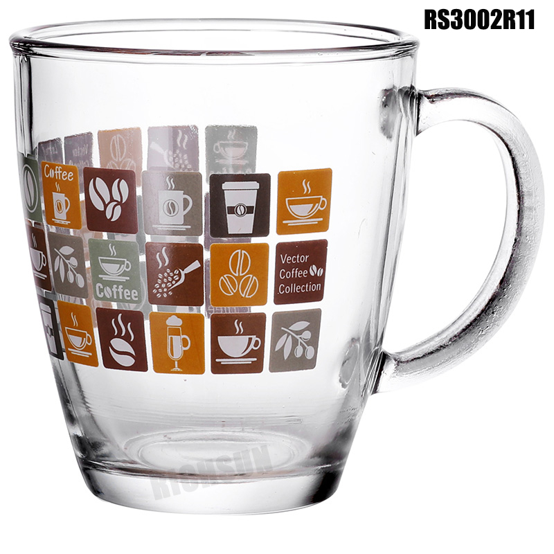 360ml printed glass mug with coffee pattern（5 designs）