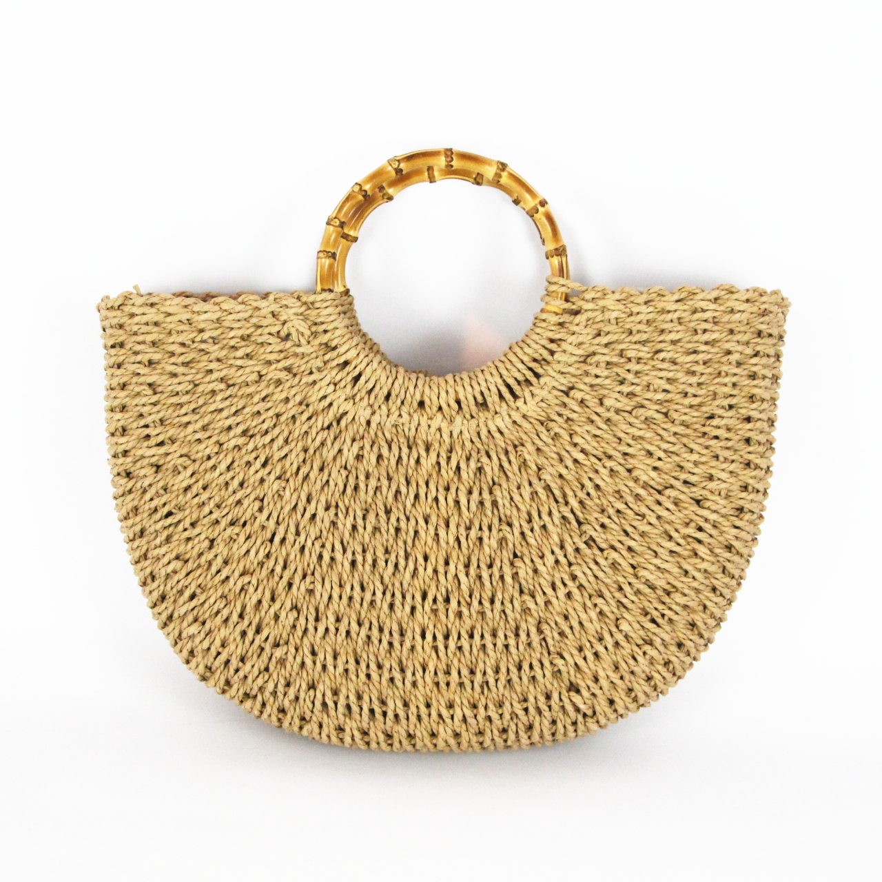 Round Bamboo handle Paper straw hand woven women handbag