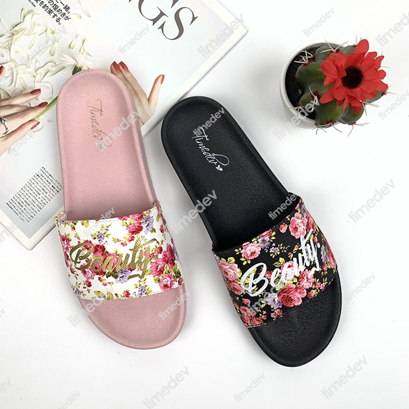 000-Timedev Ladies PU with Elegant Flower printing Slipper Slide