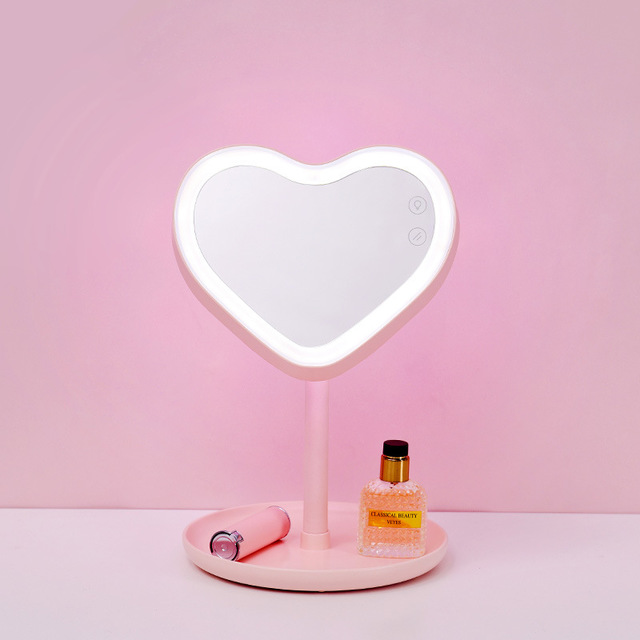 2021 New LED Lighted Makeup Mirror Heart Shape Touched Desktop Make Up Mirror With Lights