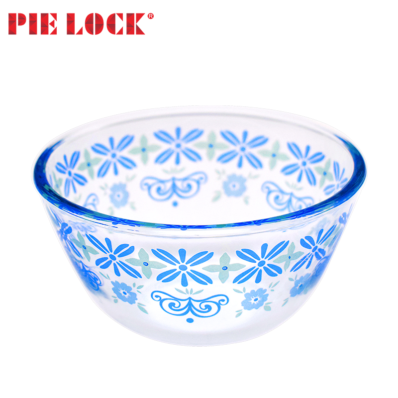 Round high borosilicate glass mixing bowl with decoration firing