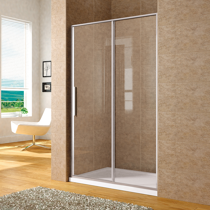black modern glass shower door on pivot structure