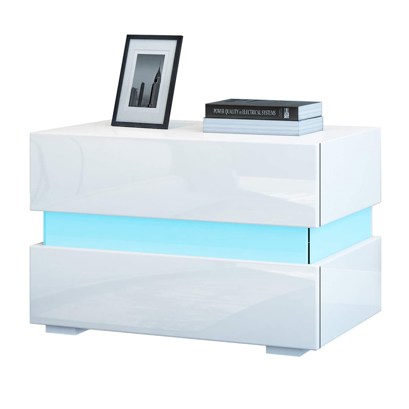 Modern 2 Drawers White High Gloss Bedroom Furniture Bedside Table Cabinet nightstand wood with LED Lights