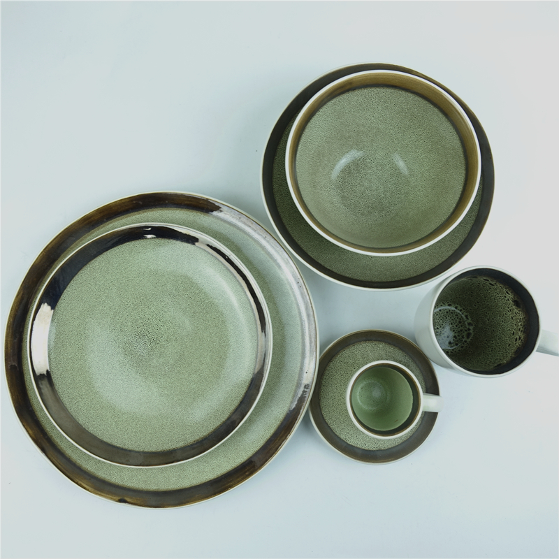 16 pcs reactive green glaze ceramic tableware dinner plates Chinese dinner set