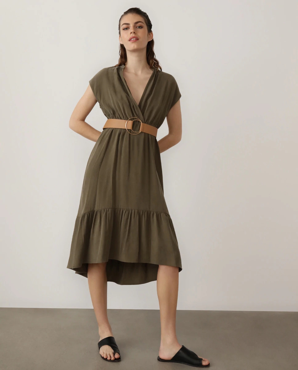 Fast Fashion S SL V neck and PU Belt Dress
