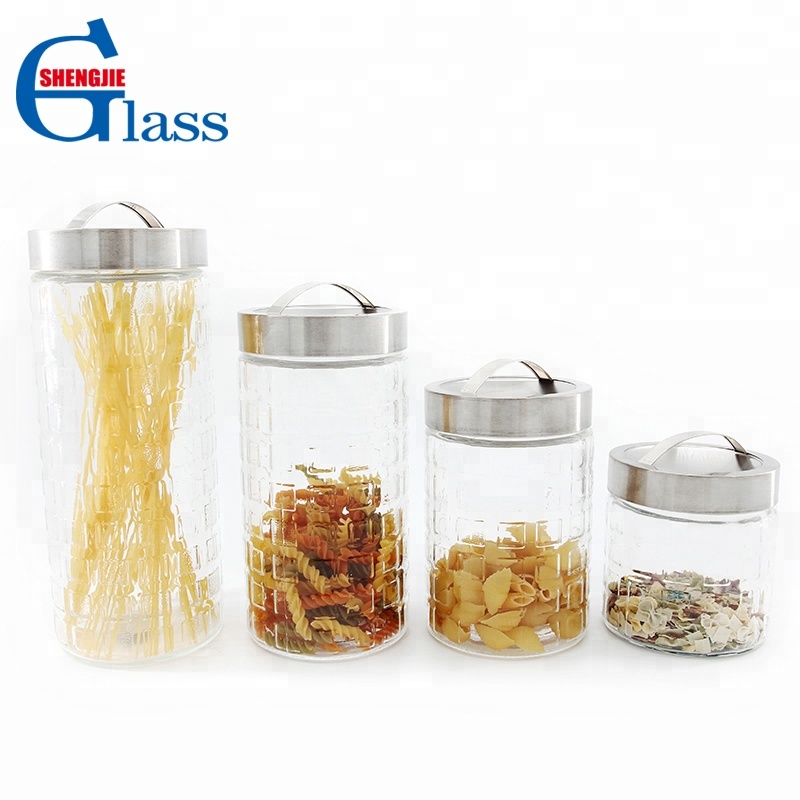 Cylindrical Checkered Embossed Glass Jar With Metal Handle Lid