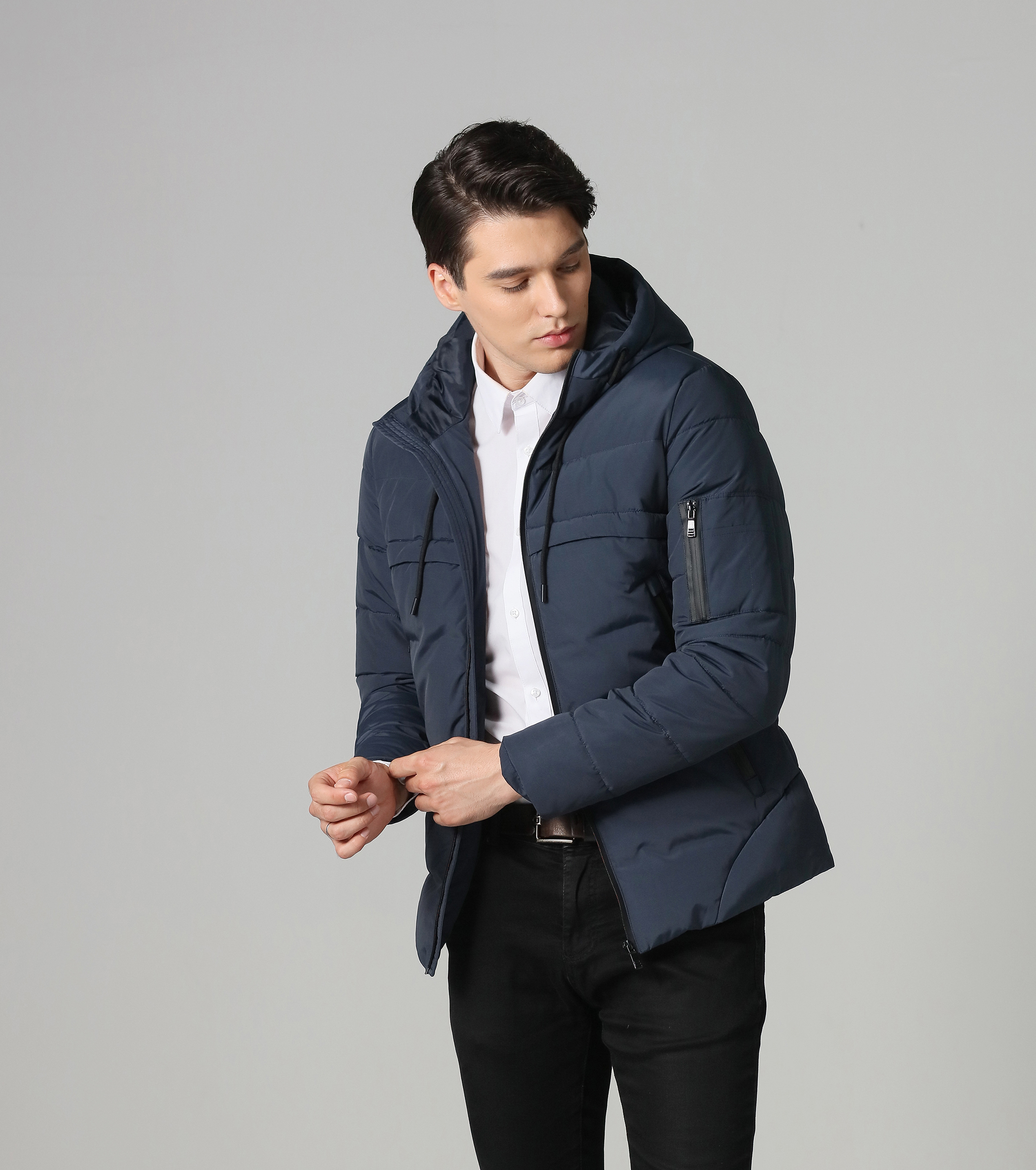 men's short padded jacket with hood