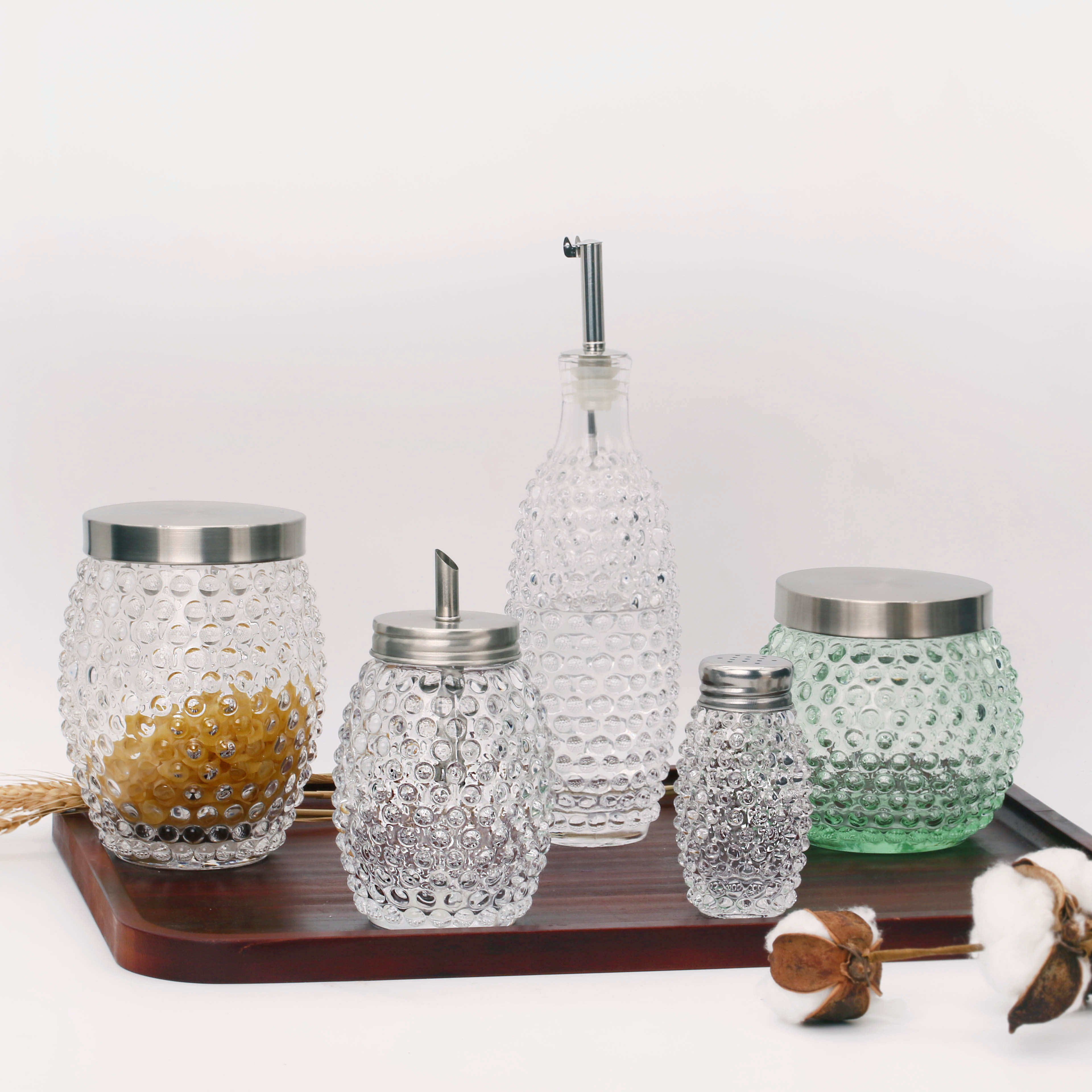 oil & vinegar dispenser, Hobnail design set of 5,Oil Dispenser Bottle, salt and pepper shaker, sugar pot,food storage,kitchenware