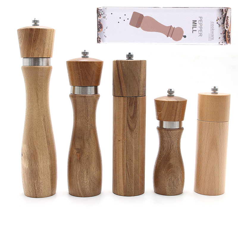 Factory customized manual rotating acacia ceramic black pepper grinder