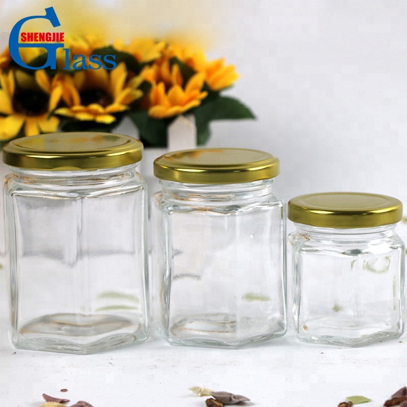 Manufacturer Hexagonal Glass Honey Jam Jar with Tinplate Lid