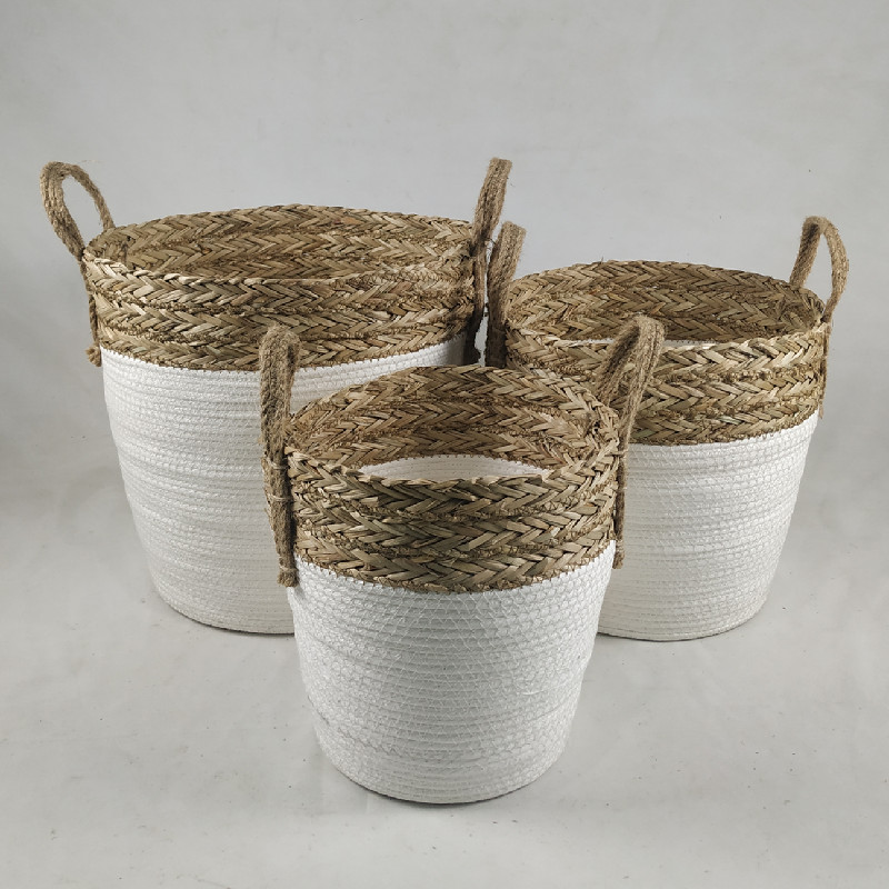 Set of 3 customized seagrass / paper rope round shape storage basket
