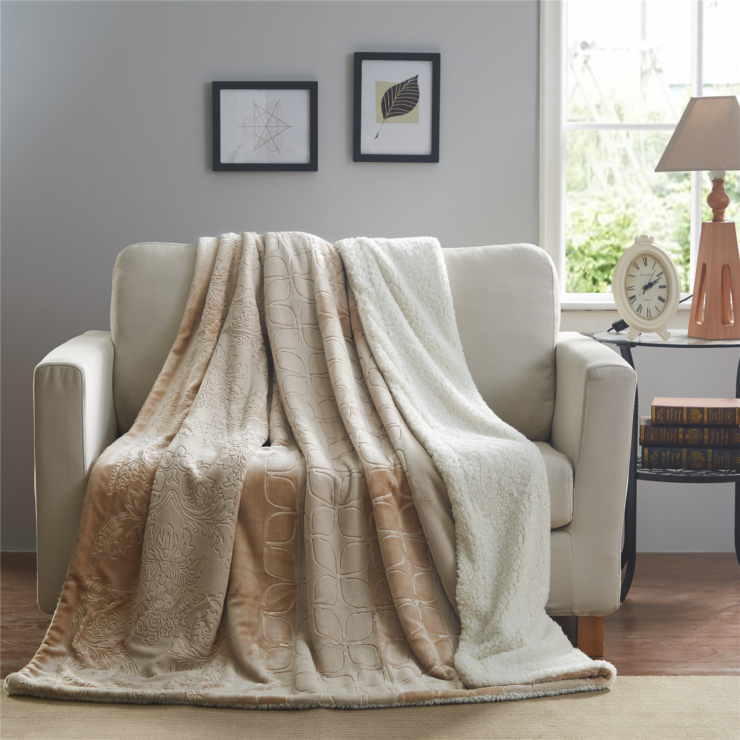 Double layer print and embossed flannel blanket with sherpa