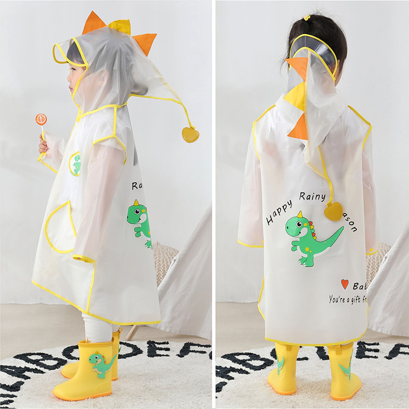 Transparent EVA children rain coat dragon rainwear with yellow piping