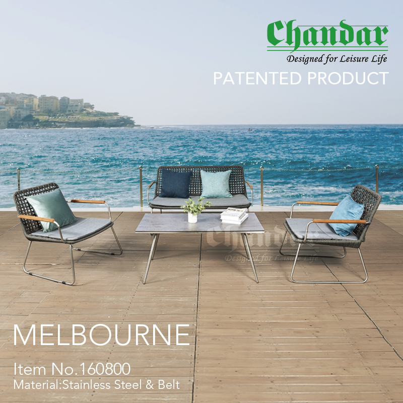 Outdoor furniture Melbourne Stainless Steel Sofa Set with Waterproof Cushion Garden set with Teakwood Armrest & Rope