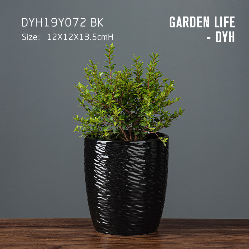 Shinny black ceramic flowerpot with concave and convex surface