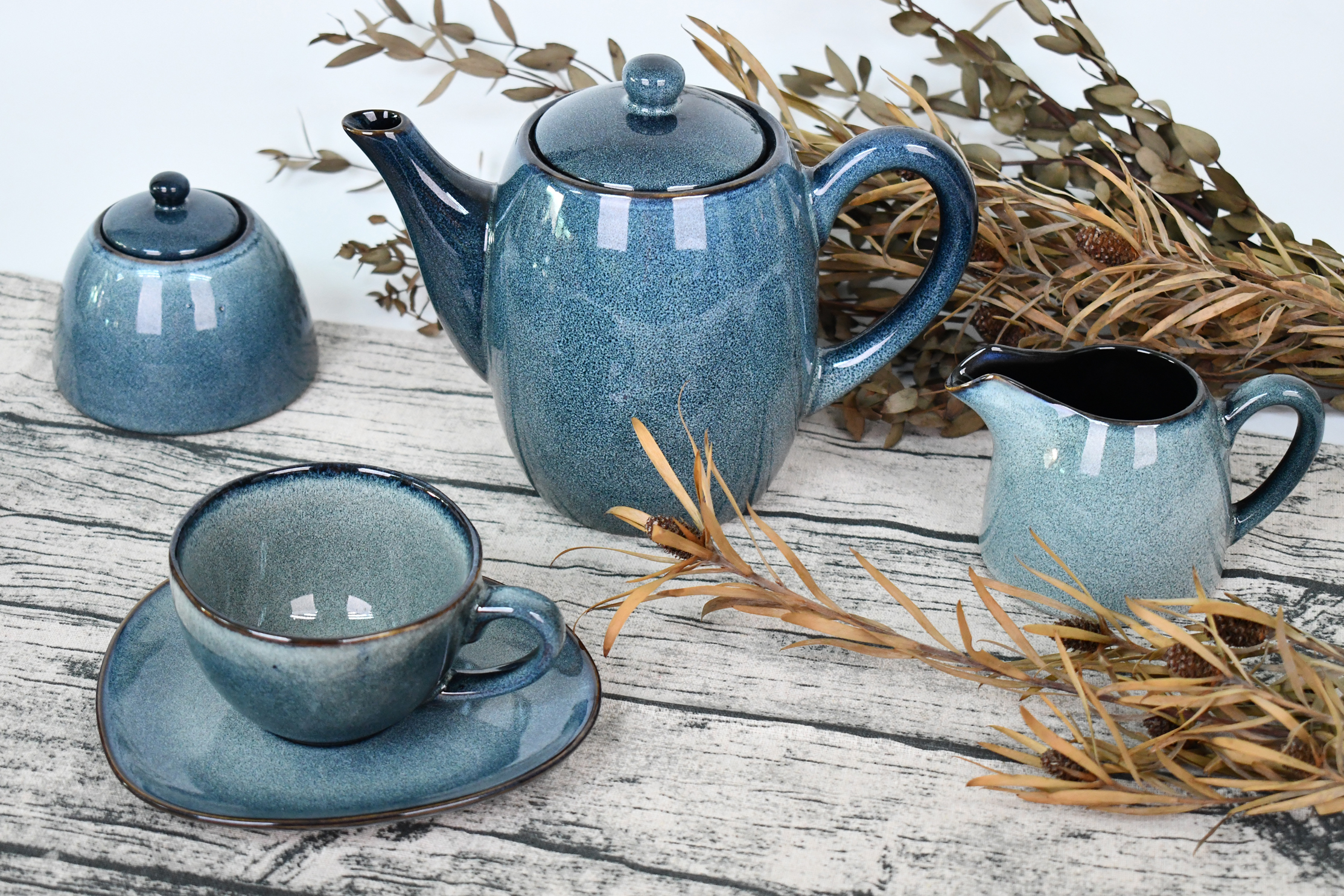 Stoneware Reactive Glaze Tea Pot, Creamer and Sugar Tea Set