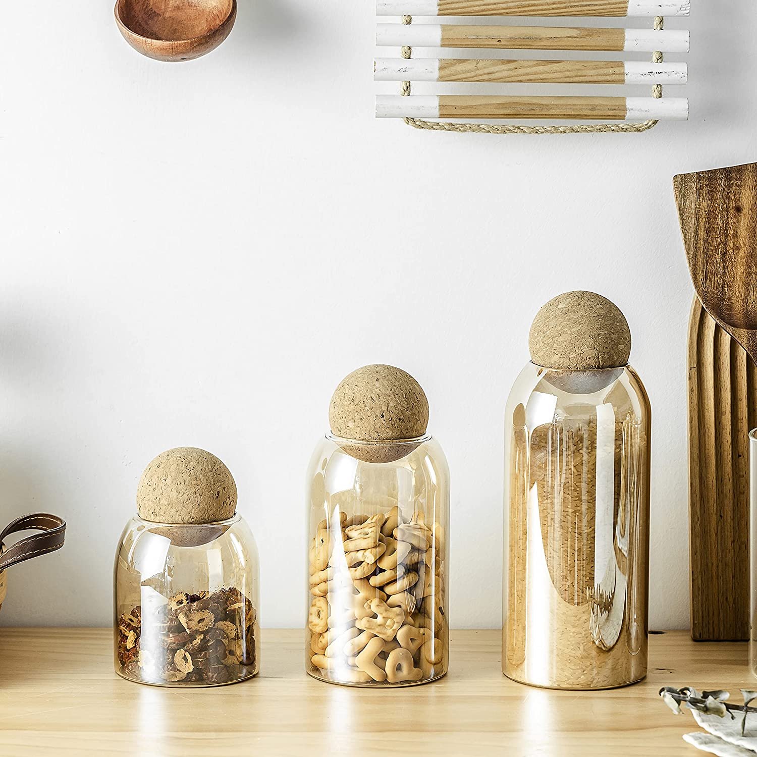 500/800/1200ml clear high Borosilicate Glass Storage Jar with Wood Lid Cork Ball Stopper Lid