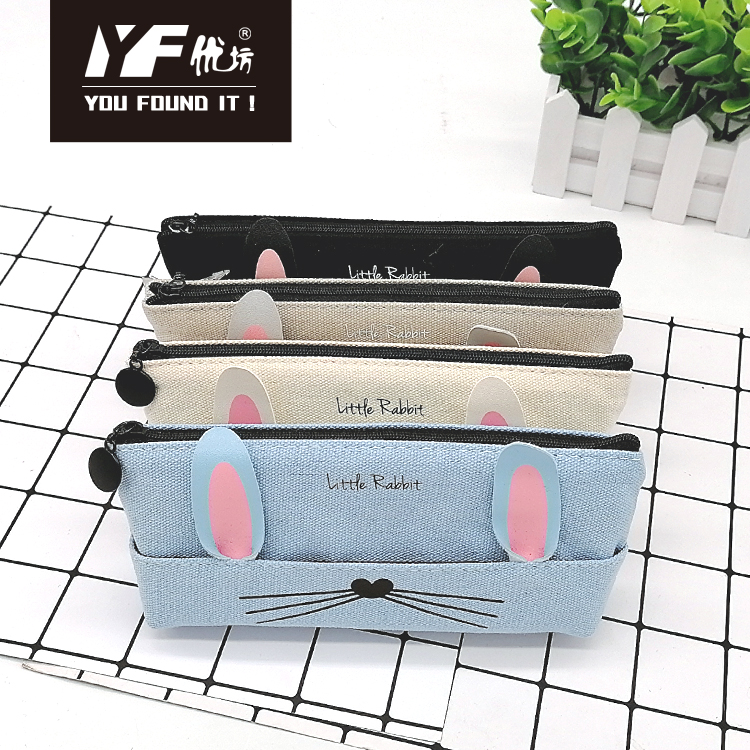 Custom cute rabbit ears shape multifunction canvas zipper triangle pencil case
