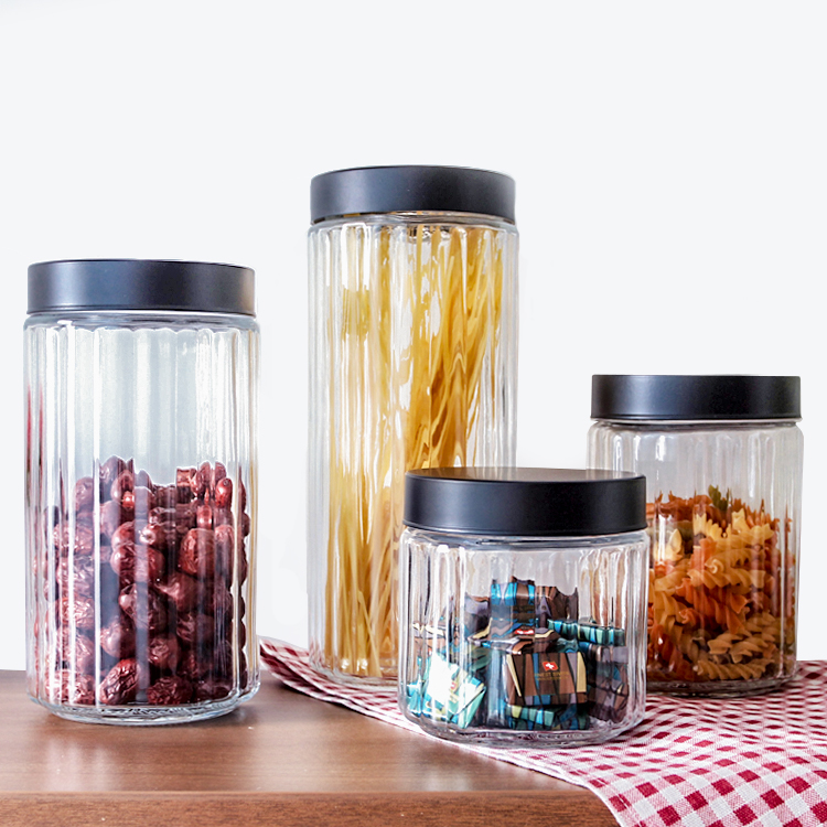 70oz Stripe Design Glass Jar With Black Tin Lid for Storage Coffee